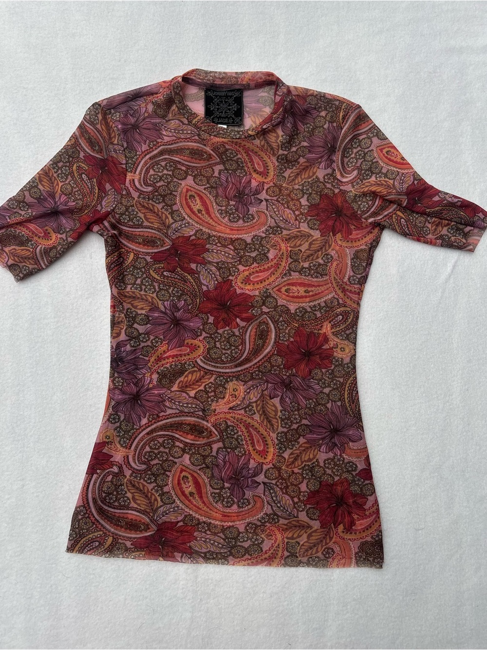 Johnny Was Pink Paisley & Floral Short-Sleeve Tee- Rika Mesh Top - Picture 3 of 8